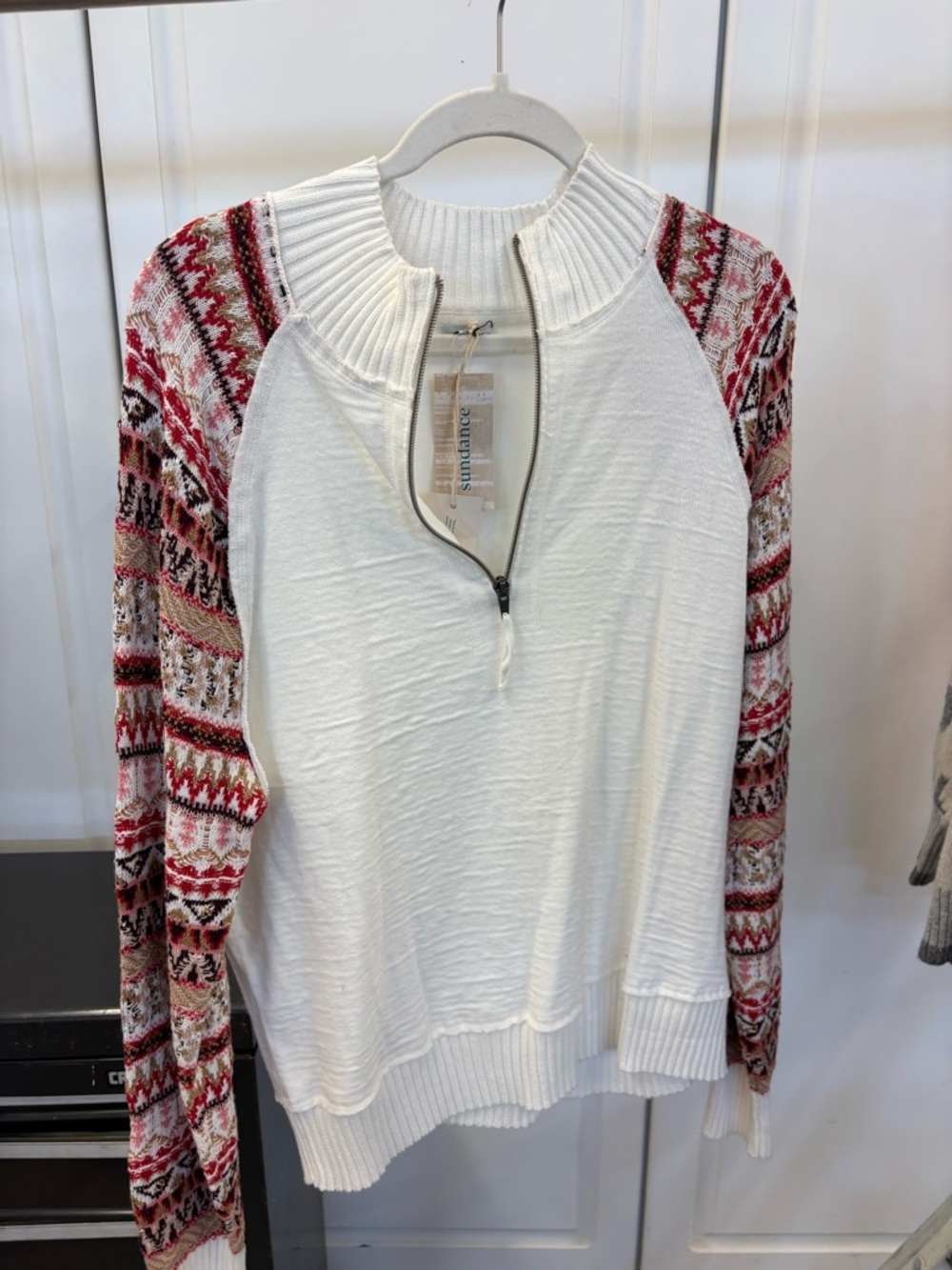 Sundance White Quarter-Zip Pullover with Red Patterned Sleeves